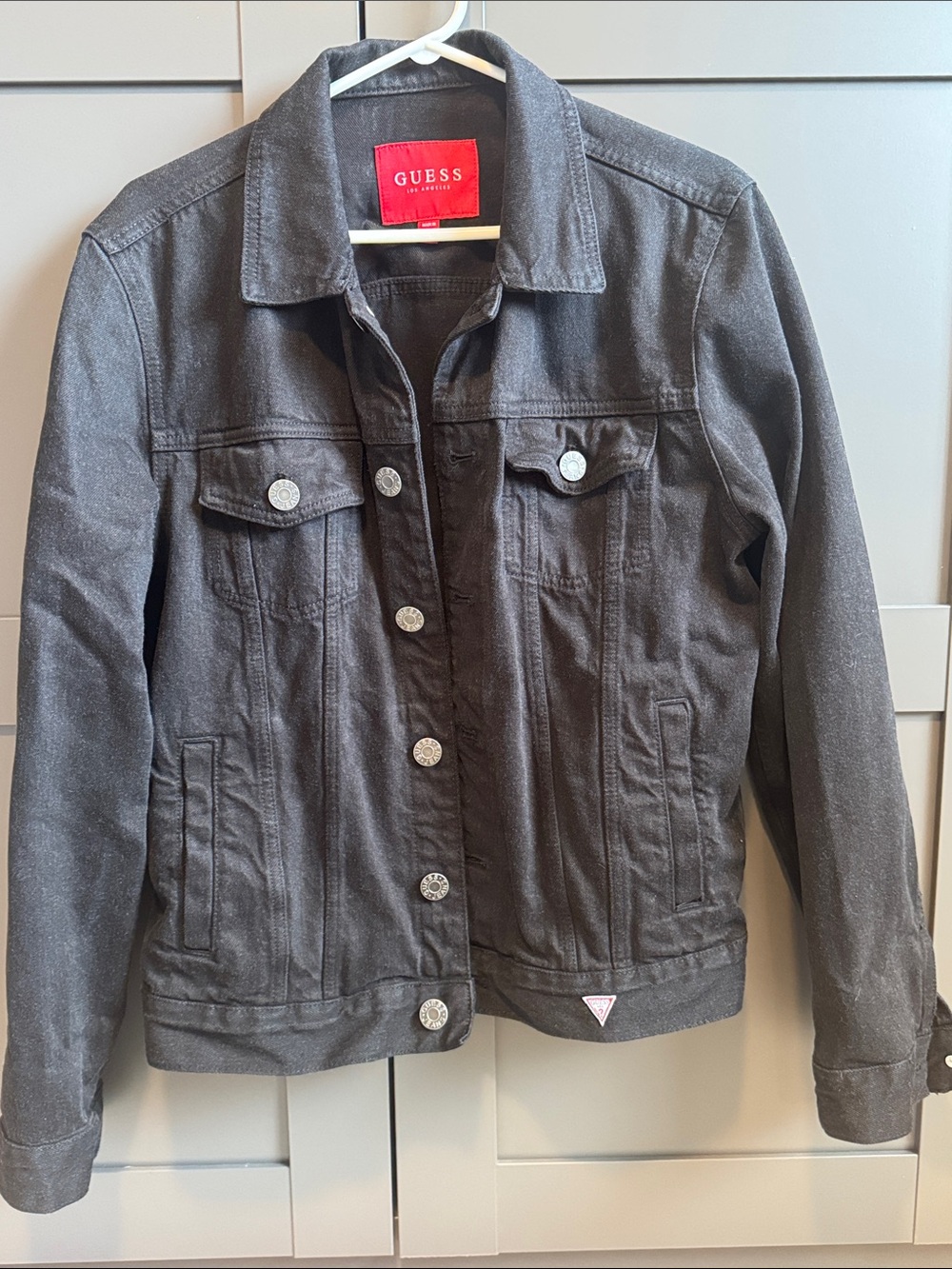 GUESS Black Denim Trucker Jacket with Silver Buttons - Size Medium